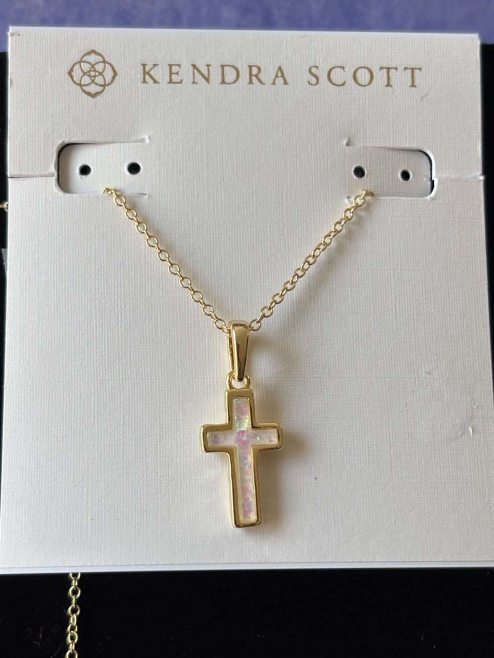 Cross Gold  Pendant Necklace in White Lab Grown Opal mother of pearl
